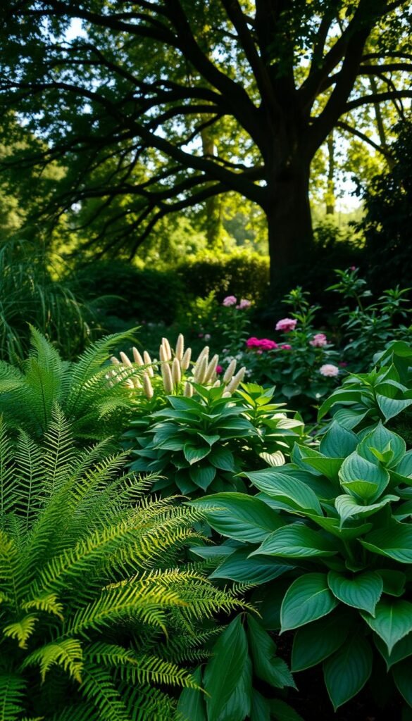 A verdant garden setting, showcasing a comparison of different shade types. In the foreground, a collection of lush, textured foliage - from the delicate, airy fronds of ferns to the broad, glossy leaves of hostas. The middle ground features a mix of flowering plants, their blooms softly illuminated by the dappled sunlight filtering through the canopy above. In the background, a towering tree casts a gentle, mottled shadow across the scene, creating a serene and contemplative atmosphere. The lighting is natural and diffused, lending a warm, ethereal quality to the image. Captured with a wide-angle lens to provide a comprehensive view of the shade garden and its diverse elements.