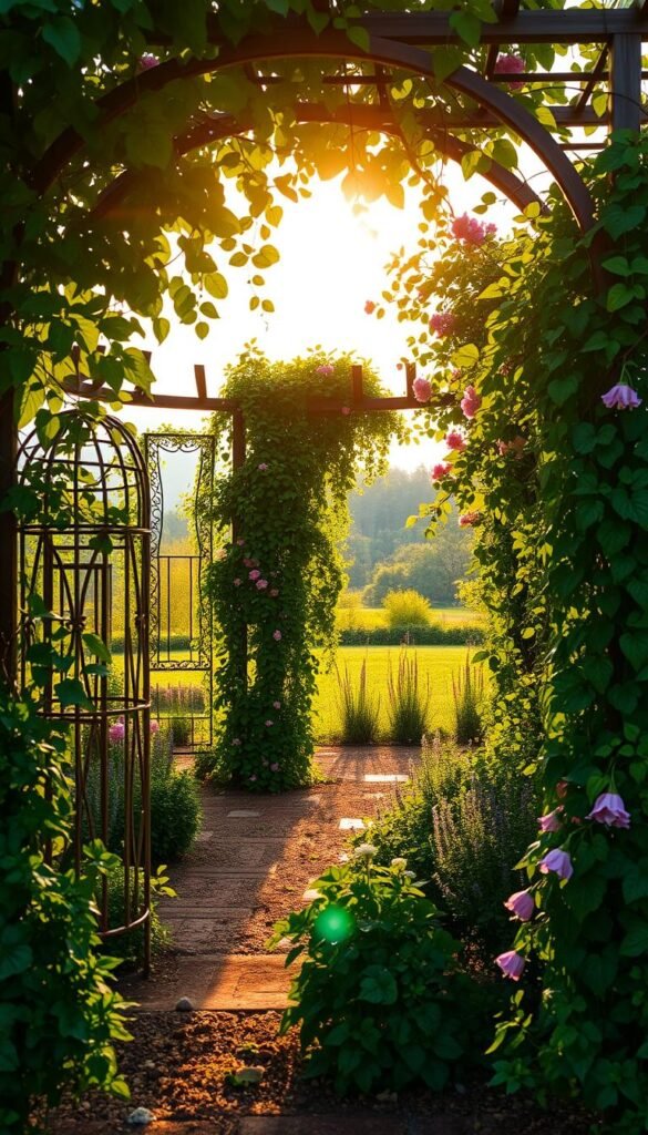 A verdant garden trellis, its intricate lattice work adorned with a vibrant tapestry of climbing vines and blooming flowers. The mid-morning sun casts a warm, golden glow, creating a serene and inviting atmosphere. In the foreground, a variety of creative trellis designs - from whimsical arches to geometric frames - provide structural support and visual interest to the flourishing plant life. The middle ground features lush, cascading foliage that spills gracefully over the trellis, while the background hints at a tranquil, natural landscape beyond. Captured with a wide-angle lens to showcase the depth and scale of this enchanting scene.