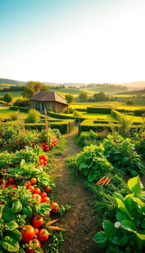 A verdant, harmonious edible landscape layout, featuring a lush, meticulously designed vegetable garden. In the foreground, an array of vibrant, thriving produce - tomatoes, leafy greens, carrots, and more - arranged in an aesthetically pleasing, geometric pattern. The middle ground showcases a well-tended path winding through the garden, framed by neatly trimmed hedges and flowering plants that attract pollinators. In the background, a picturesque rural scene, with rolling hills, a quaint cottage, and a cloudless blue sky bathed in warm, golden-hour lighting, captured through a wide-angle lens to convey a sense of tranquility and abundance. The overall composition radiates a balance of productivity and natural beauty, inspiring the viewer to create their own edible oasis.