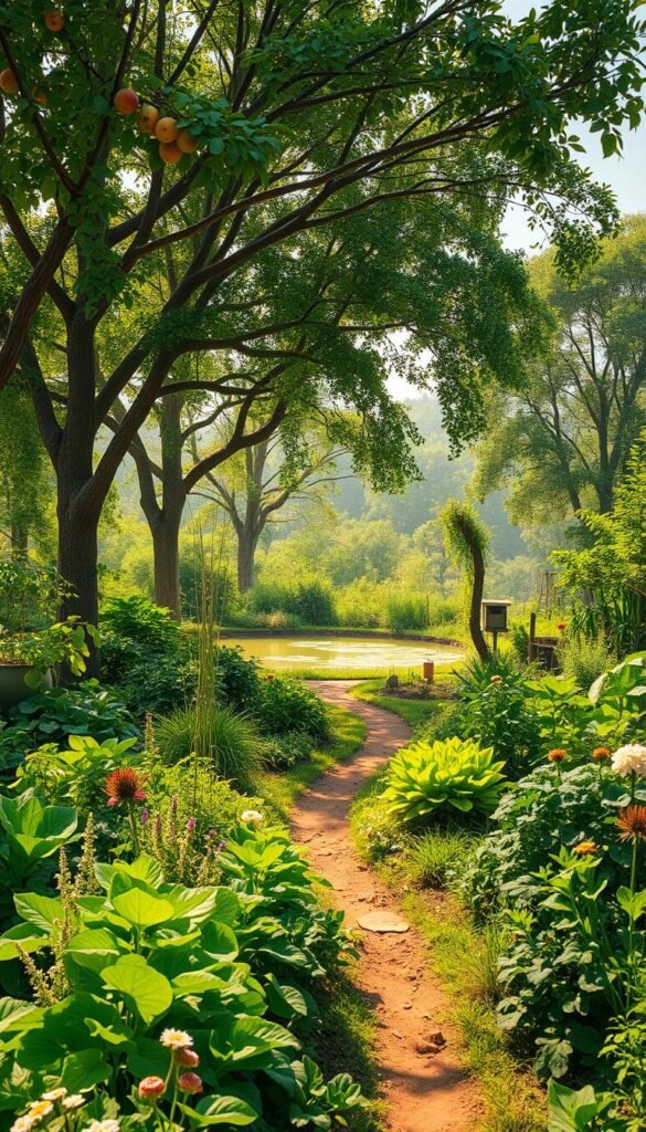 A verdant, lush permaculture garden scene, teeming with life and thriving in a harmonious balance. The foreground showcases a diverse array of flourishing vegetables, herbs, and flowers, arranged in an intricate, self-sustaining system. Towering canopy trees provide gentle shade, their branches laden with ripe fruit. In the middle ground, a serene pond reflects the sky, its surface dotted with floating water plants. Winding pathways invite the viewer to explore this oasis of abundance, while beehives and bird feeders suggest a vibrant ecosystem. The scene is bathed in warm, golden sunlight, conveying a sense of tranquility and self-sufficiency. The overall composition embodies the essence of a self-sustaining garden journey, where nature and human stewardship coexist in harmony.