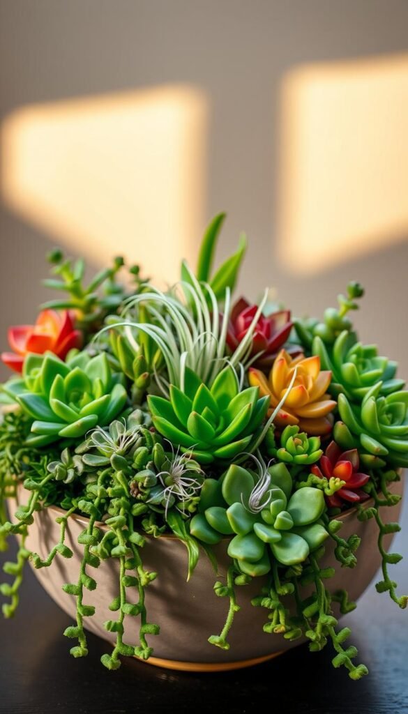 A verdant, meticulously curated succulent dish garden, bathed in warm, soft lighting and captured from a slightly elevated angle. In the foreground, an artful arrangement of vibrant, sculptural succulents in varying shapes, sizes, and hues - from lush rosettes to trailing tendrils - effortlessly intertwined and cascading over the edges of a modern, minimalist ceramic planter. The middle ground showcases delicate, wispy air plants nestled among the succulents, adding texture and depth. The background subtly fades into a muted, neutral color palette, allowing the living, breathing centerpiece to captivate the viewer's gaze. An image that embodies the intersection of nature, design, and living art.