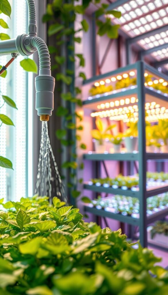 A vertical garden showcasing innovative smart gardening systems. In the foreground, a sleek automated watering system with sensor-controlled nozzles precisely delivering water and nutrients to each plant. In the middle ground, a modular hydroponics setup with LED-illuminated grow trays, self-regulating temperature and humidity. In the background, a connected grow light array that tracks the sun's position, optimizing light exposure for maximum plant growth. The scene is bathed in warm, natural lighting, creating a harmonious, high-tech horticultural oasis. A lens with a shallow depth of field emphasizes the smart technology, while the verdant foliage and clean lines evoke a sense of futuristic sustainability.