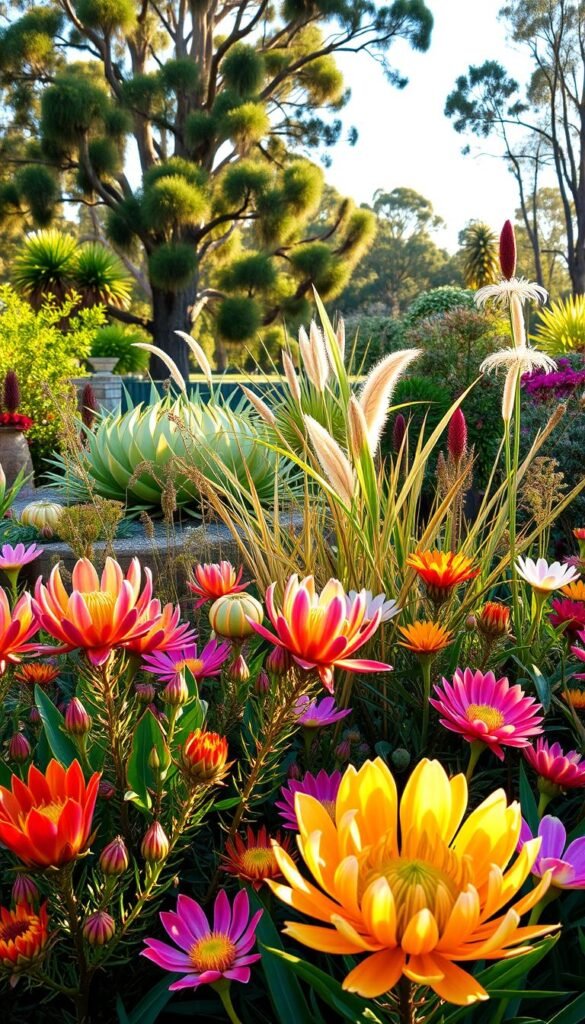 A vibrant and diverse arrangement of native Australian flora, showcasing the stunning variety of plants indigenous to the region. In the foreground, a lush display of protea, banksia, and grevillea blossoms in a warm, sun-dappled setting. The middle ground features a mix of delicate native grasses and shrubs, their foliage creating a tapestry of earthy greens and subtle hues. In the background, the silhouettes of tall eucalyptus trees provide a natural, organic backdrop, casting gentle shadows and evoking the essence of the Australian bush. The overall scene is bathed in a soft, golden light, capturing the serene and inviting atmosphere of a thriving native garden.
