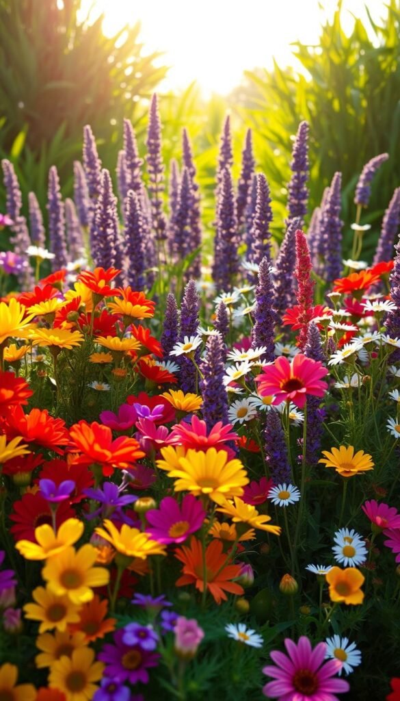 A vibrant and harmonious flower bed, bathed in warm afternoon sunlight. In the foreground, a lush and varied display of blooms - vivid reds, deep purples, sunny yellows, and soft pinks intertwine, their petals gently swaying in a light breeze. The middle ground features tall, stately stalks of lavender and delicate white daisies, creating a sense of depth and movement. In the background, a verdant backdrop of lush foliage frames the composition, drawing the eye inward. The lighting is soft and diffused, casting a golden glow over the entire scene, evoking a sense of tranquility and natural beauty. This captivating color palette and layered arrangement creates a visually striking and inspiring floral display.