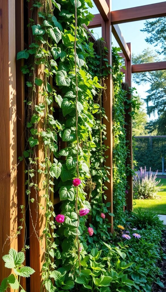 A vibrant and meticulously-designed vertical gardening system, featuring an array of lush greenery cascading down sturdy, intricately-crafted wooden structures. The foreground showcases an array of thriving plants, including trailing vines, leafy herbs, and colorful flowering blooms, all bathed in warm, directional lighting that casts intriguing shadows. The middle ground reveals the intricate framework of the vertical system, with clean lines and a blend of natural and industrial materials. In the background, a serene, sun-dappled garden setting provides a tranquil, natural backdrop, emphasizing the harmony between the vertical structures and their surrounding environment.