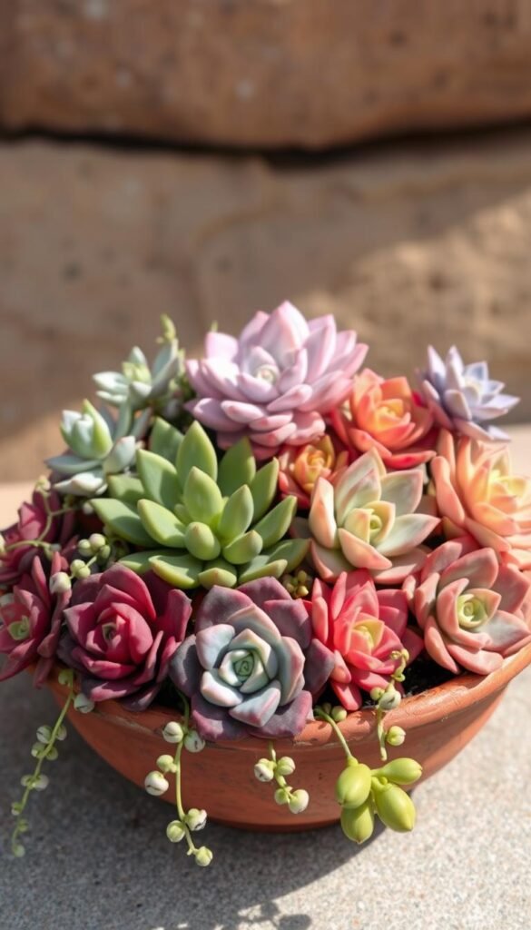 A vibrant arrangement of succulents in a rustic terracotta dish, with a mix of varied shapes, textures, and hues creating a harmonious micro-landscape. The foreground features plump rosettes in shades of deep burgundy, vibrant green, and pale lavender, interspersed with delicate trailing vines. The middle ground showcases a selection of stacked echeveria in shades of pink, orange, and purple, their geometric forms complementing the softness of the surrounding plants. In the background, a subtle gradient of earthy tones provides a natural, grounded backdrop, accentuating the vivid colors and sculptural beauty of the succulent display. Soft, diffused natural lighting casts gentle shadows, highlighting the dimensional qualities of the composition. The overall effect is a visually captivating, harmonious blend of succulent color combinations.