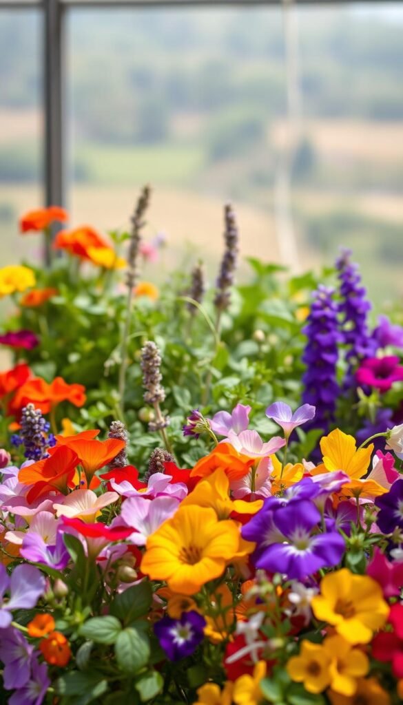 A vibrant array of edible flower varieties displayed in a lush, natural setting. In the foreground, an assortment of delicate petals in vibrant hues - peppery nasturtiums, aromatic lavender, delicate borage, and sweet violets. In the middle ground, a mix of culinary herbs and greens complement the flowers, creating a harmonious botanical tapestry. The background features a soft, blurred, and natural landscape, suggesting a serene garden or greenhouse. The lighting is warm and natural, casting a gentle glow on the scene. The overall composition conveys a sense of culinary adventure and a celebration of the beauty and versatility of edible flowers.