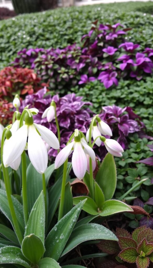 A vibrant array of frost-resistant flowers in a cozy winter garden setting. In the foreground, delicate snowdrops and hellebores in soft hues of white and pink, their petals gently kissed by a light dusting of frost. In the middle ground, a cluster of hardy cyclamen in deep purple and magenta, their leaves marbled with intricate patterns. In the background, a lush carpet of evergreen foliage, including low-growing Euonymus and Pachysandra, providing a verdant backdrop. The scene is bathed in a soft, diffused natural light, creating a serene and tranquil atmosphere, inviting the viewer to embrace the beauty of a winter garden.