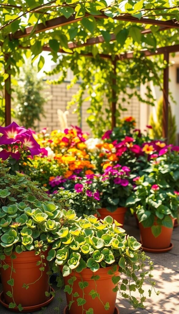A vibrant array of lush, compact garden plants thriving in a sun-dappled oasis. In the foreground, clusters of verdant succulents and trailing vines spill over terracotta pots. The middle ground features a mix of blooming perennials in jewel-toned hues - petunias, marigolds, and impatiens. In the background, a leafy trellis frames the scene, casting soft shadows that dance across the patio pavers. The lighting is warm and golden, creating a sense of tranquility and natural beauty. Captured through a wide-angle lens, the composition emphasizes the harmonious, intimate scale of this captivating small-space garden.