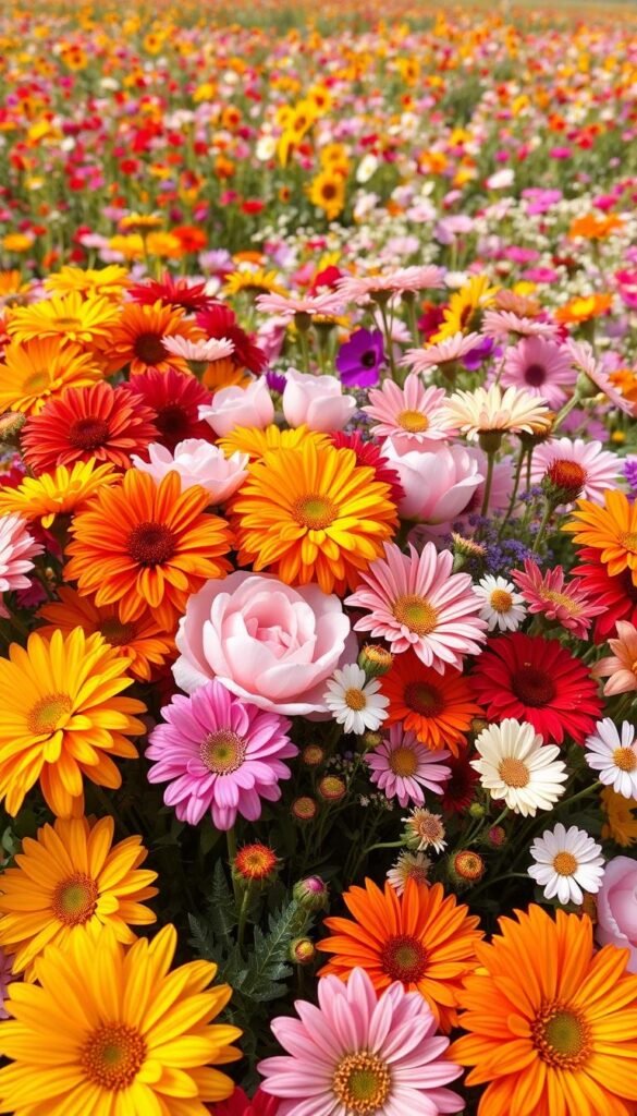 A vibrant array of seasonal flowers, their petals bursting with a captivating color palette. In the foreground, a lush bouquet of dahlias, zinnias, and marigolds in a spectrum of warm hues - fiery oranges, sunshine yellows, and rich reds. The middle ground features a mix of delicate peonies, ranunculus, and cosmos in pastel pinks, lavenders, and soft blues, creating a harmonious blend. In the background, a sweeping field of wildflowers - from delicate forget-me-nots to bold sunflowers - adds depth and a sense of natural abundance. The scene is illuminated by soft, diffused natural lighting, casting a gentle glow and highlighting the intricate textures and vibrant hues of the flowers. The overall composition evokes a serene, inviting atmosphere, perfect for a flourishing flower garden.