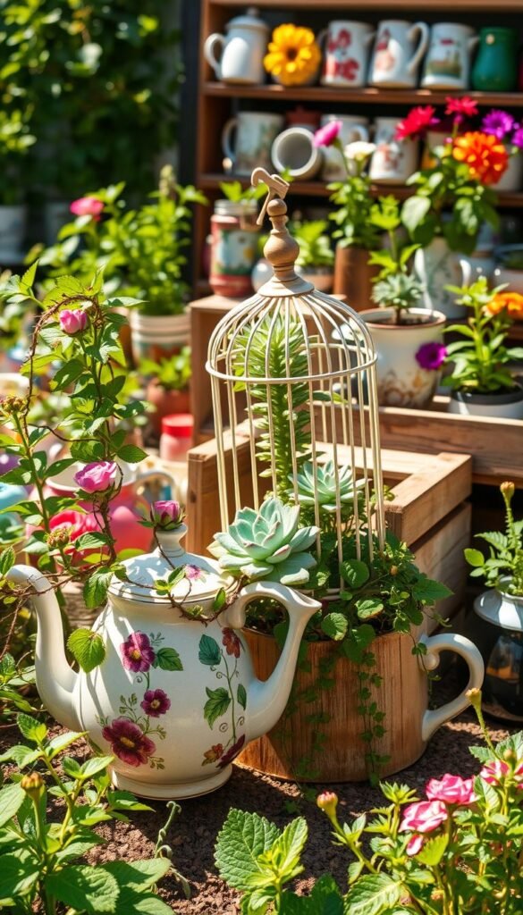 A vibrant array of unique planters, crafted from repurposed household items, adorns a sunlit garden. In the foreground, a vintage teapot overflows with cascading vines, its delicate floral patterns catching the warm light. Beside it, a whimsical birdcage-turned-planter houses a flourishing succulent, its geometric silhouette casting intriguing shadows. In the middle ground, a rustic wooden crate has been transformed into a planter, its weathered surface complementing the lush greenery spilling over the edges. In the background, a collection of mismatched ceramic mugs and jars, each hosting a different flowering plant, creates a captivating display of color and texture, inviting the viewer to explore the boundless possibilities of repurposed container gardening.