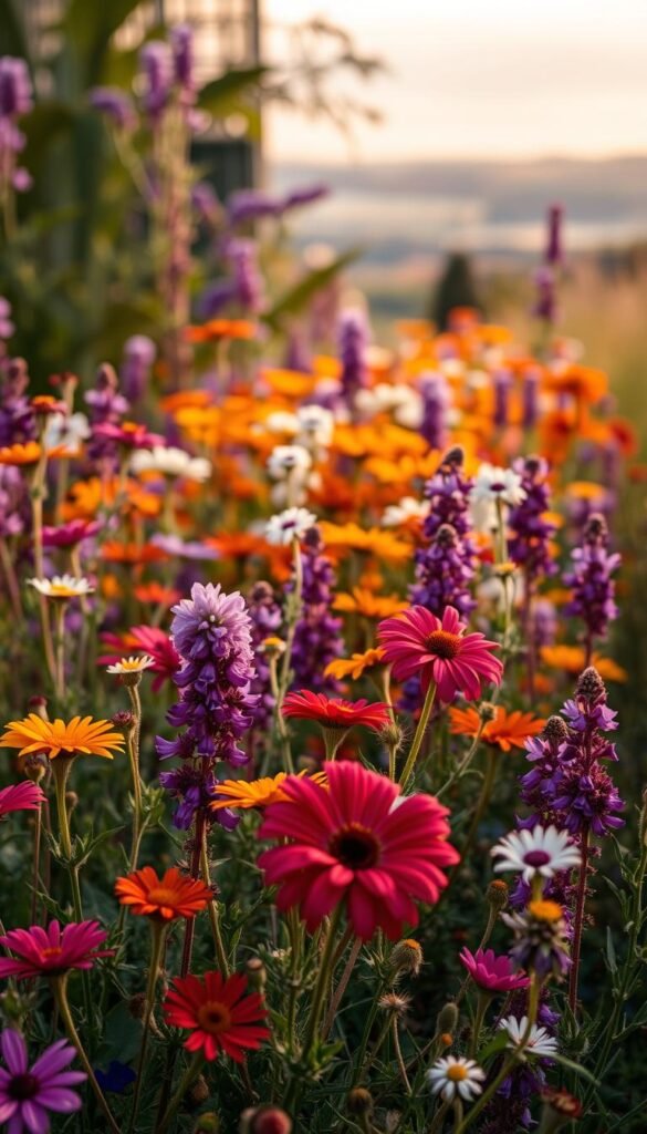 A vibrant array of wildflowers in a meticulously curated color palette, captured in a warm, golden-hour lighting. The foreground features a lush tapestry of blooms in rich hues of purple, fuchsia, and crimson, their petals delicately rendered. The middle ground showcases a harmonious blend of orange, yellow, and white blossoms, creating a striking visual contrast. In the background, a soft, hazy blur of greens and earthy tones sets the stage for this natural symphony. The overall composition is balanced, with a sense of depth and movement, inviting the viewer to immerse themselves in the beauty of this eco-friendly wildflower garden.