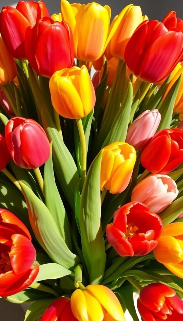 A vibrant, artfully arranged bouquet of tulips in a variety of bold spring colors, such as deep red, sunny yellow, and pastel pink, fill the frame. The flowers are carefully positioned to create a sense of harmonious asymmetry, with some tulips standing tall and others cascading gracefully. Soft, diffused natural light filters through the arrangement, casting gentle shadows and highlights that accentuate the tulips' delicate petals and lush, green foliage. The overall composition exudes a sense of effortless elegance and captures the essence of a quintessential spring garden aesthetic.