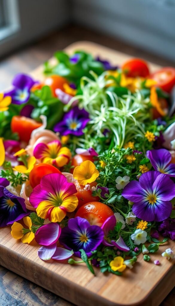 A vibrant close-up shot of an assortment of fresh, colorful salad garnishes arranged artfully on a wooden cutting board. In the foreground, a medley of edible flowers in hues of purple, pink, yellow, and white - such as pansies, nasturtiums, and borage blossoms - are carefully positioned among crunchy greens, juicy tomatoes, and fragrant herbs. The middle ground features delicate microgreens, edible petals, and small edible flowers that add texture and visual interest. The background is softly blurred, allowing the vibrant colors and textures of the garnishes to take center stage under soft, natural lighting that accentuates their beauty. The overall composition conveys a sense of freshness, vibrancy, and culinary artistry.