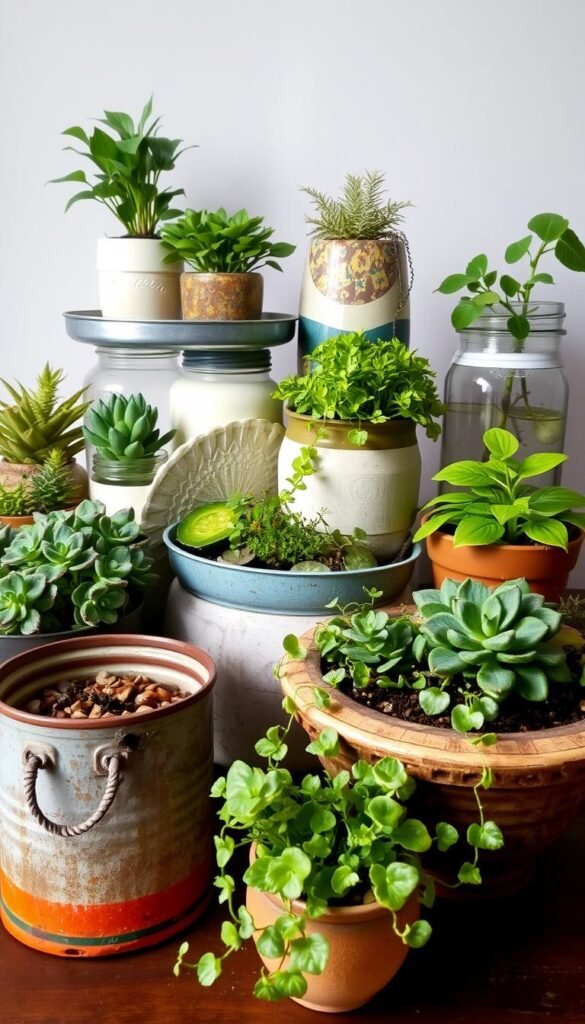 A vibrant collection of repurposed containers arranged in a harmonious dish garden. In the foreground, a rustic clay pot, a vintage tin can, and a weathered wooden planter filled with thriving succulents and trailing vines. The middle ground features a playful mix of mismatched ceramics, glass jars, and reclaimed metal trays housing a variety of lush greenery. In the background, a neutral backdrop accentuates the natural textures and colors, creating a serene, budget-friendly oasis. Soft, diffused lighting casts gentle shadows, highlighting the unique shapes and surfaces of the repurposed items. The overall composition evokes a sense of creativity, sustainability, and the beauty found in repurposed materials.