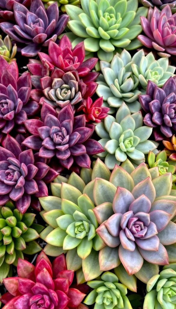 A vibrant, color-saturated succulent garden, arranged in a harmonious, drought-tolerant composition. Repetitive patterns of textured leaves in shades of green, purple, and red create a visually captivating display. The arrangement is carefully balanced, with the succulents positioned to showcase their unique shapes and hues. Soft, diffused lighting casts gentle shadows, highlighting the dimensional qualities of the plants. The scene exudes a sense of natural, understated elegance, inviting the viewer to appreciate the beauty and resilience of these low-maintenance, water-wise specimens.