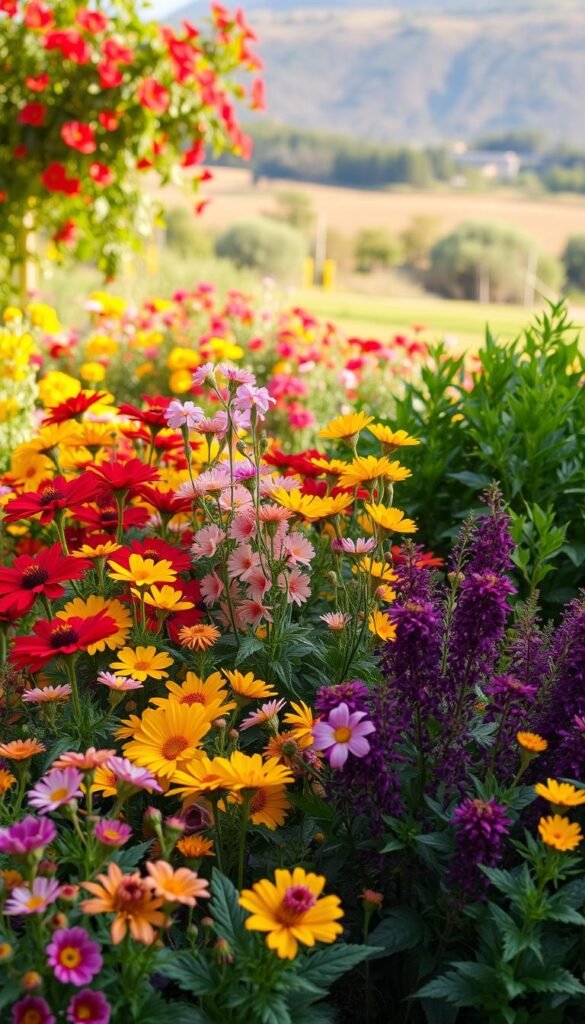 A vibrant, colorful garden bursting with life. In the foreground, a lush arrangement of blooming flowers in a variety of hues - bold reds, vivid yellows, delicate pinks, and deep purples. The middle ground features a mix of foliage plants, their leaves cascading in a harmonious palette. In the background, a soft, out-of-focus landscape sets the stage, with the warm glow of natural sunlight filtering through. The overall scene exudes a sense of abundance, vitality, and aesthetic delight - a true feast for the senses.