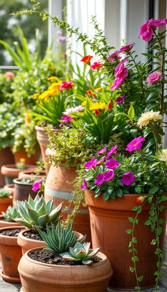 A vibrant container garden, bursting with lush greenery and colorful blooms. Close-up view showcasing the varied textures and patterns of the pots, soil, and plants. Soft, diffused lighting illuminates the scene, creating a warm, inviting atmosphere. Terracotta, ceramic, and weathered wood containers in earthy tones and bright hues line a sun-dappled patio or balcony. Succulents, trailing vines, and flowering annuals cascade over the container edges, adding depth and dimension. The overall composition captures the joy and vitality of a thriving container garden, ready to brighten any outdoor living space.
