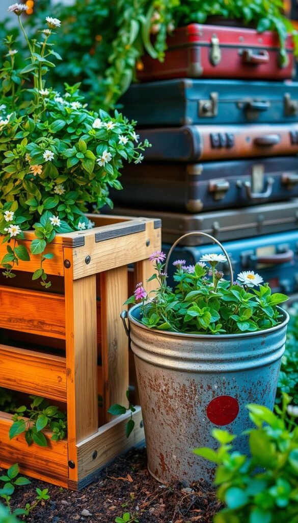 A vibrant display of upcycled containers showcasing their versatile benefits. In the foreground, a rustic wooden crate overflows with lush greenery and delicate flowers, conveying the beauty of repurposed items. The middle ground features a charmingly weathered tin bucket transformed into a whimsical planter, its patina adding character. In the background, a stack of vintage suitcases doubles as a tiered planter, demonstrating the endless possibilities of upcycled containers. Soft, warm lighting illuminates the scene, creating a cozy, inviting atmosphere. The overall composition highlights the practical and aesthetic advantages of incorporating upcycled elements into a fairy garden, inspiring sustainable and creative gardening.