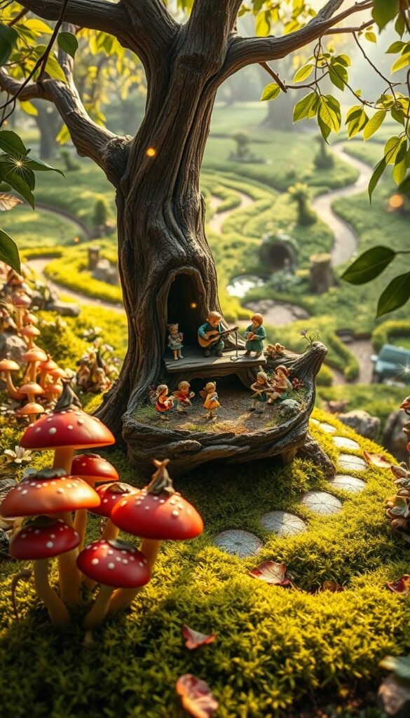 A vibrant fairy garden, bathed in soft, magical light. In the foreground, a whimsical cluster of mushrooms, their caps adorned with delicate fairy figurines dancing amid the moss-covered ground. In the middle, a gnarled tree trunk serves as a stage for a quartet of diminutive musicians, their instruments crafted from natural materials. The background reveals a lush, verdant landscape, with winding paths and hidden alcoves, inviting the viewer to explore the enchanted realm. Enchanting fireflies flicker, casting a warm glow over the scene, while a gentle breeze rustles the leaves, adding to the dreamlike atmosphere. This is a world where the line between reality and fantasy blurs, a place of wonder and infinite possibilities.