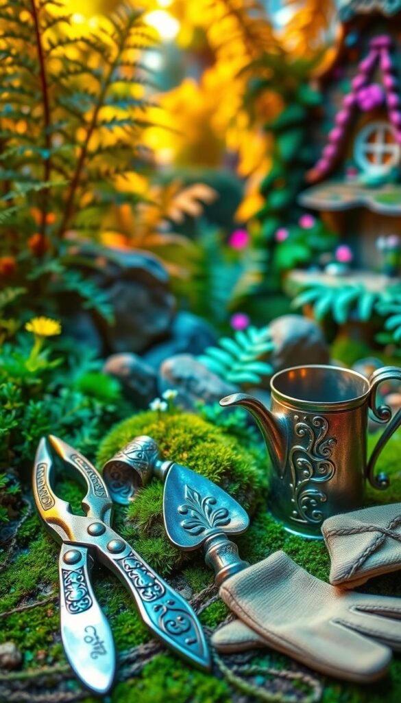 A vibrant fairy garden scene illuminated by soft, warm lighting. In the foreground, a collection of essential tools: delicate pruning shears, a trowel with an intricately carved handle, a watering can with intricate filigree detailing, and a small pair of gardening gloves. The middle ground features lush, verdant foliage, with towering ferns, mossy rocks, and delicate flowers peeking through. In the background, a whimsical fairy house or cottage, its architecture blending seamlessly with the natural landscape. The overall atmosphere is one of enchantment, inviting the viewer to imagine the magical tasks that could be accomplished with these specialized tools.