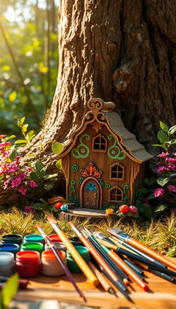 A vibrant fairy house nestled amidst a lush, verdant garden, its ornate facade adorned with intricate brush strokes. In the foreground, an array of vibrant paints and delicate brushes lay ready, hinting at the meticulous process of transforming the wooden structure. Soft, warm lighting casts a magical glow, casting shadows that dance across the textured surface. The middle ground features the fairy house itself, its windows and doors painted with whimsical designs, blending seamlessly with the natural surroundings. In the background, a towering tree stump serves as the focal point, its rough bark providing the perfect canvas for this enchanting fairy-themed scene.