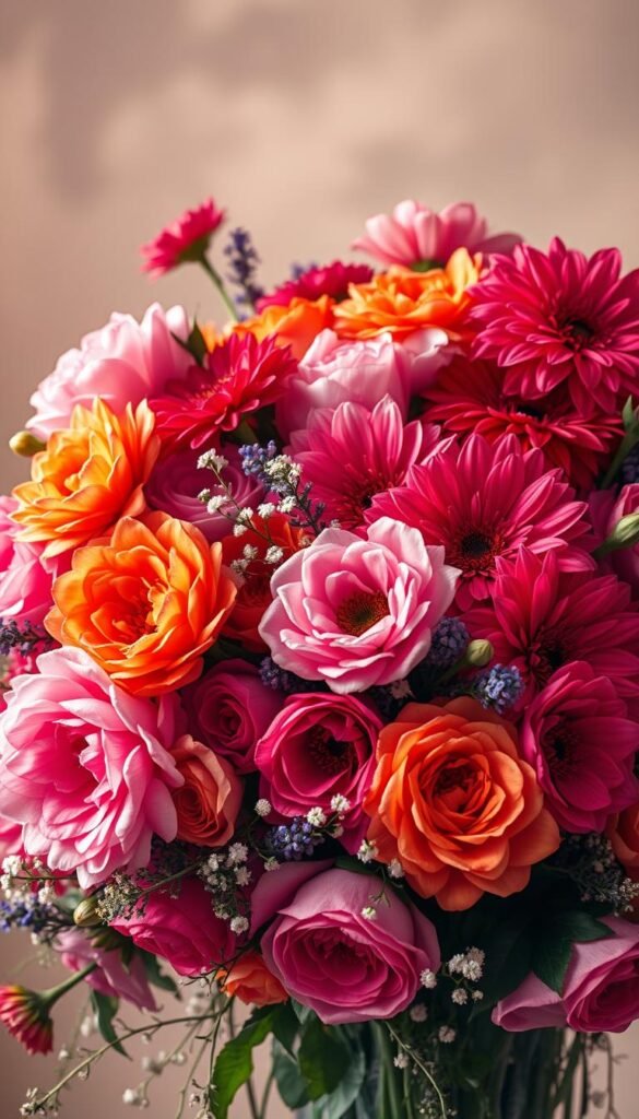 A vibrant floral arrangement bursting with color and life, set against a soft, hazy background. In the foreground, a bouquet of lush peonies, roses, and dahlias in a diverse palette of pinks, oranges, and deep reds. Their petals appear to glow with an inner radiance, as if illuminated from within. The middle ground features a sprinkling of smaller blooms - delicate sprigs of lavender, clusters of baby's breath, and trailing vines. Hazy, diffused lighting casts a warm, romantic glow over the scene, creating a sense of dreamy, garden-inspired elegance. The overall composition is balanced, with the florals arranged in a visually striking, asymmetrical pattern that draws the eye across the frame.
