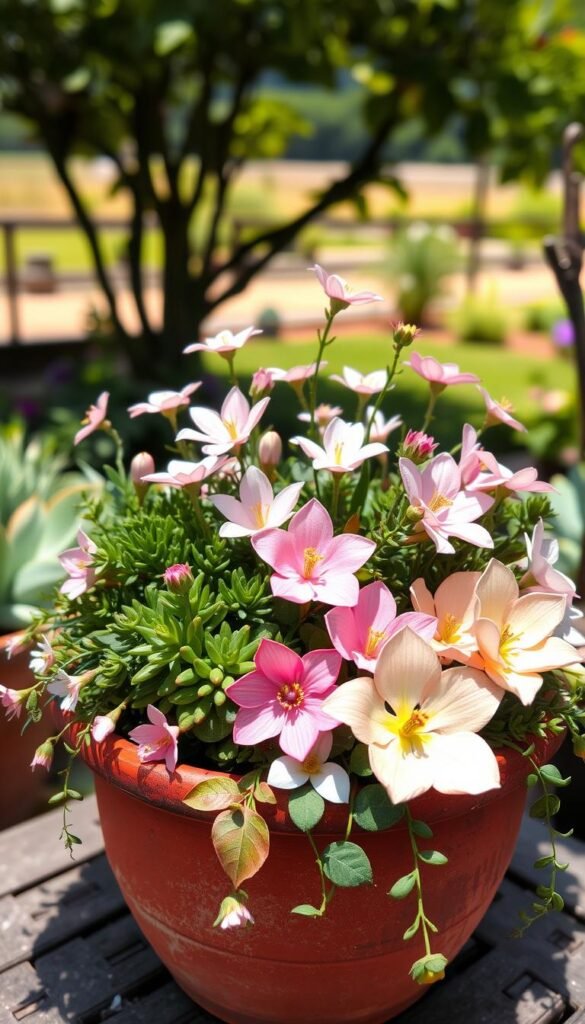 A vibrant floral arrangement in a rustic terracotta pot, featuring an assortment of delicate blooms in soft pastel hues. The foreground showcases intricate paper flowers, origami petals, and handcrafted botanical accents arranged with care. A middle ground of lush greenery, including miniature succulents and trailing vines, creates a harmonious composition. The background depicts a sun-dappled garden setting, with a blurred, natural landscape providing a serene backdrop. Soft, directional lighting casts gentle shadows, highlighting the textural details of the crafted elements. The overall atmosphere is one of whimsical creativity, inviting the viewer to explore the intersection of gardening and artistic expression.