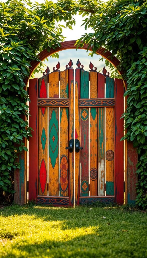 A vibrant garden gate, adorned with a kaleidoscope of colors and intricate finishes. The foreground features a wooden gate, its surface adorned with a captivating array of hues - from rich reds and deep blues to vibrant greens and sunny yellows. The gate's intricate patterns and textures catch the eye, hinting at the artistry and creativity that went into its design. In the middle ground, lush foliage frames the gate, creating a natural, verdant backdrop that complements the vibrant colors. Soft, diffused lighting casts a warm, inviting glow, enhancing the overall atmosphere of the scene. The background features a blurred, dreamlike landscape, allowing the viewer to focus on the captivating details of the gate itself. This image celebrates the artistic possibilities of garden gate design, showcasing how color and finishing techniques can transform a functional element into a true work of art.