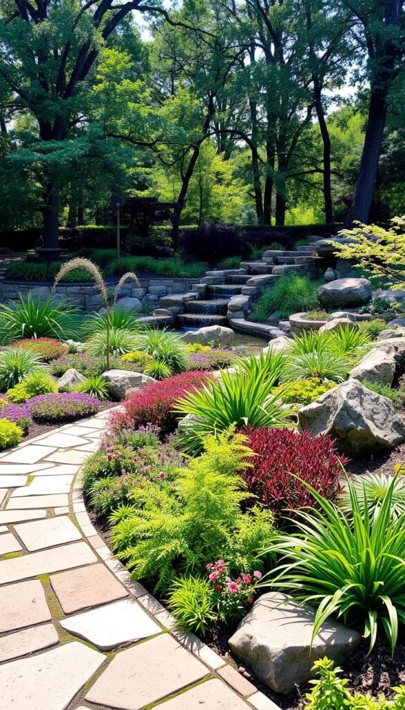 A vibrant, harmonious garden scene where hardscape elements seamlessly integrate with lush, verdant softscape features. In the foreground, a winding stone pathway meanders through a tapestry of colorful perennials, ferns, and ornamental grasses. Midground showcases a tranquil water feature, its surface reflecting the dappled sunlight filtering through the canopy of mature trees overhead. Strategically placed boulders and natural stone accents punctuate the scene, creating a sense of balance and cohesion. The overall atmosphere evokes a serene, contemplative mood, inviting the viewer to immerse themselves in this living, breathing landscape.