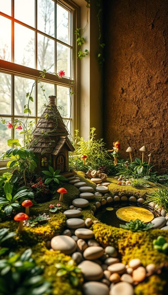 A vibrant indoor fairy garden display, bathed in warm, natural lighting filtering through a large window. In the foreground, a miniature fairy house nestled among lush, verdant foliage and whimsical mushrooms. Trailing vines and delicate flowers adorn the display, creating an enchanting, woodland-inspired atmosphere. In the middle ground, a path of smooth pebbles leads to a small pond, where a tiny fairy figure stands knee-deep, gazing into the still water. The background features a textured, earthy backdrop, with hints of soft, diffused shadows adding depth and dimension to the scene. The overall composition evokes a sense of tranquility and wonder, inviting the viewer to step into a magical, indoor oasis.