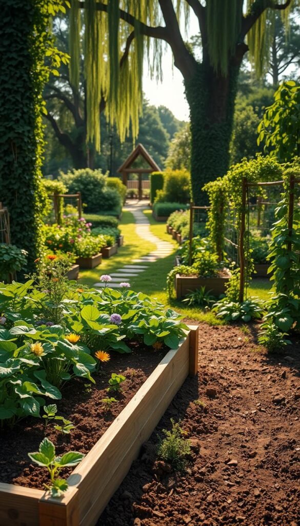 A vibrant, lush garden scene showcasing sustainable gardening practices for beginners. In the foreground, a raised garden bed overflows with flourishing vegetables, herbs, and flowers. Warm, natural lighting casts a soft glow, emphasizing the rich textures of the soil and foliage. In the middle ground, a winding path leads the viewer through the garden, inviting exploration. Towering trees and cascading vines frame the scene, creating a sense of enchantment and tranquility. The overall atmosphere is one of harmony, where nature and human endeavor coexist in a delicate balance, welcoming the viewer to embark on their own green journey.