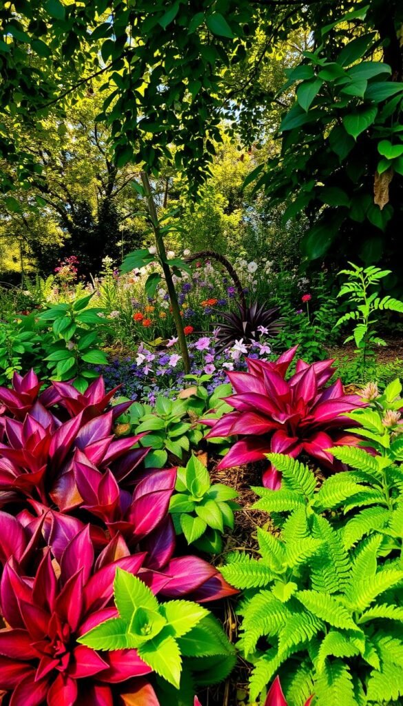 A vibrant, lush shade garden filled with a captivating array of colorful foliage. In the foreground, a cluster of broad-leaved plants in shades of emerald, crimson, and amethyst, their textures ranging from glossy to velvety. A scattering of delicate ferns and trailing vines add a sense of soft, cascading movement. The middle ground features an assortment of flowering perennials - bold, jewel-toned blooms nestled among the foliage. Dappled sunlight filters through the verdant canopy above, casting a warm, golden glow and creating dynamic shadows that dance across the scene. The overall atmosphere is one of tranquility, inviting the viewer to step into this enchanting, color-filled oasis.