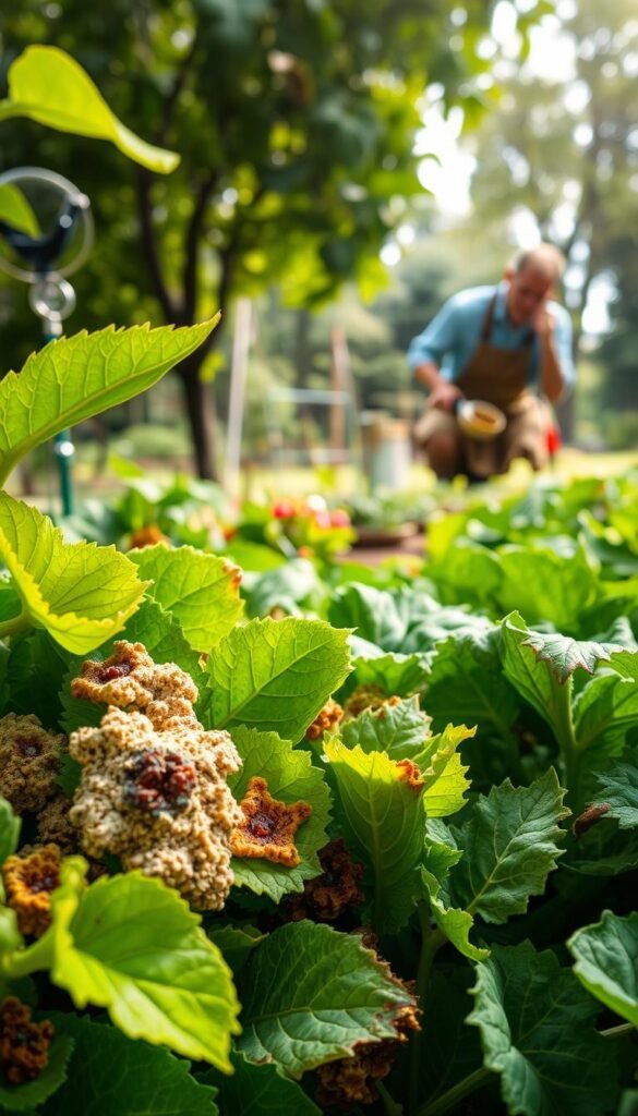 A vibrant, macro-level illustration showcasing the management of fungus and blight in a thriving garden. In the foreground, a close-up view of healthy, lush green foliage with intricate fungal growths and blight-damaged leaves. The middle ground depicts a gardener carefully inspecting affected plants, equipped with gardening tools and a magnifying glass. The background features a neatly tended vegetable or flower bed, bathed in soft, diffused natural lighting filtering through a leafy canopy. The overall composition conveys a sense of attentive care, scientific observation, and a balanced, harmonious ecosystem.