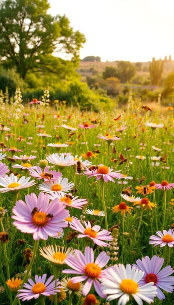 A vibrant meadow filled with diverse wildflowers and thriving pollinator life. In the foreground, a colony of honeybees busily pollinating a profusion of blooms - soft pastel petals, delicate stamens, and pollen-dusted wings. The middle ground reveals a variety of native insects - butterflies, hummingbirds, and other nectar-feeding creatures - flitting amongst the nectar-rich flora. In the background, a lush, verdant landscape dotted with trees and shrubs, creating a sheltered, naturalistic habitat. Warm, golden sunlight filters through, casting a soft, organic glow over the entire scene. The composition emphasizes the interdependent relationship between pollinators and the native plants they rely on, showcasing the ecological benefits of a diverse, thriving pollinator habitat.