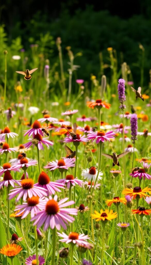 A vibrant meadow of native wildflowers in warm afternoon sunlight, with a variety of pollinators including honeybees, butterflies, and hummingbirds interacting with the blooms. The foreground features a cluster of colorful flowers like coneflowers, milkweed, and bee balm, while the middle ground showcases a diversity of pollinator species drinking nectar and collecting pollen. The background gently fades into a lush, green landscape dotted with more native plants. The scene conveys the symbiotic relationship between these local flora and fauna, highlighting the importance of supporting healthy ecosystems.