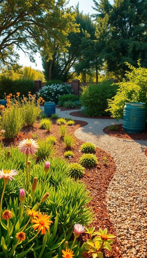A vibrant, meticulously designed garden showcasing various water-efficient strategies. In the foreground, lush, drought-resistant plants like succulents and native wildflowers thrive under the warm, golden sun. A winding gravel path leads the eye through the middle ground, dotted with strategically placed mulch and rain barrels collecting precious rainwater. In the background, a verdant canopy of trees and shrubs casts gentle shadows, creating a serene, low-maintenance oasis. The scene is captured with a wide-angle lens, highlighting the harmonious integration of form and function, delivering a visually captivating and inspirational representation of water-wise gardening.