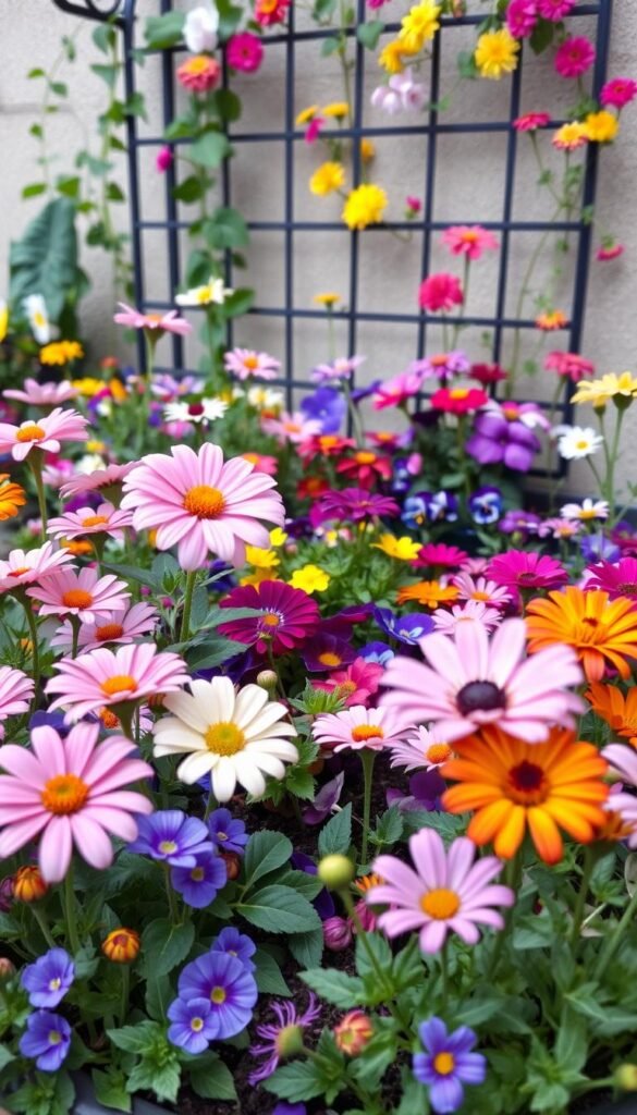 A vibrant, meticulously designed mini flower garden, featuring a lush assortment of compact blooms in a variety of hues. In the foreground, delicate petals of pastel-colored zinnias, cosmos, and marigolds sway gently in a soft, natural light. The middle ground showcases a harmonious mix of low-growing plants, including colorful impatiens, pansies, and dwarf dahlias, their foliage creating a tapestry of textures. In the background, a wrought-iron trellis supports cascading vines and climbing flowers, adding depth and dimension to the scene. The overall composition evokes a sense of whimsy, tranquility, and inspiring creativity within a confined, intimate space.