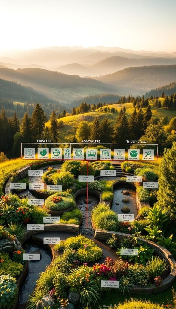 A vibrant, meticulously detailed diagram illustrating the core principles of permaculture. In the foreground, a lush, harmonious garden arrangement showcases the interconnectedness of natural elements - diverse plants, water features, and wildlife habitats. The middle ground features neatly labeled icons and symbols representing the key permaculture principles, such as cycling resources, stacking functions, and thoughtful zoning. The background depicts a serene, rolling landscape with forests, meadows, and mountainous silhouettes, conveying a sense of balance and abundance. Warm, natural lighting casts a soft, inviting glow over the entire scene, captured with a wide-angle lens to provide a comprehensive, panoramic view. The overall mood is one of tranquility, sustainability, and a deep reverence for the natural world.