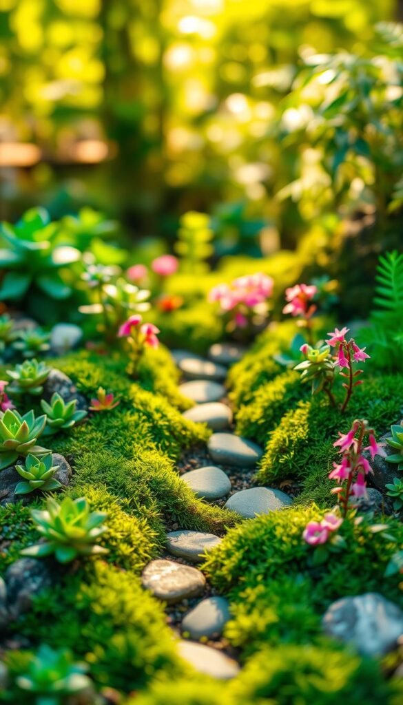 A vibrant miniature fairy garden, overflowing with lush, delicate plants in an array of verdant hues. Tiny succulents, moss-covered stones, and diminutive flowering shrubs populate the foreground, casting soft, natural shadows. In the middle ground, a whimsical pathway winds through the scene, flanked by delicate ferns and miniature fuchsias. The background features a softly blurred, sun-dappled forest backdrop, creating a sense of depth and enchantment. Warm, diffused lighting illuminates the garden, evoking a sense of tranquility and wonder. Captured with a shallow depth of field, the image focuses the viewer's attention on the intricate details of the fairy-sized flora.