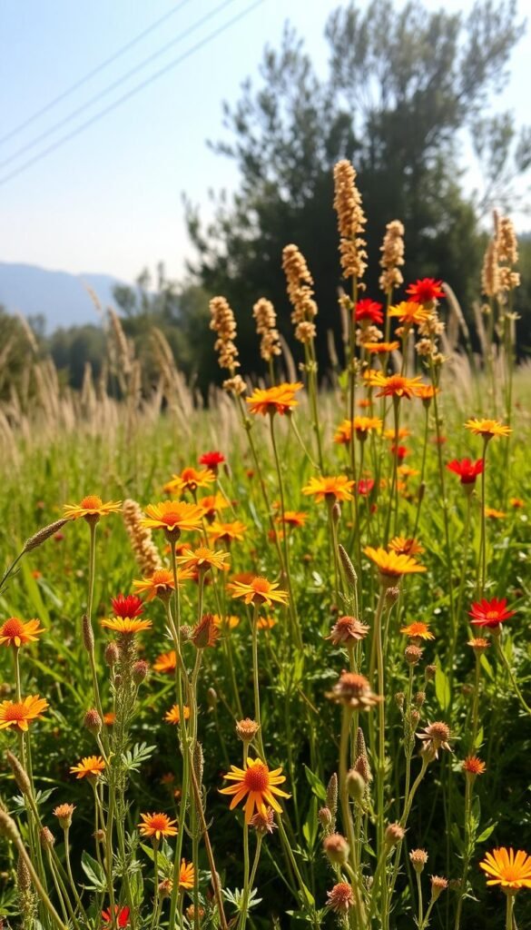 A vibrant native flower bed in a sun-dappled garden, with lush foliage and a diverse array of blooms in warm, earthy tones. In the foreground, delicate wildflowers sway gently in a soft breeze, their petals catching the golden light. In the middle ground, clusters of tall, graceful stems rise up, crowned with bursts of color - vibrant reds, oranges, and yellows. The background features a serene, natural landscape, with wispy trees and a hazy blue sky overhead, creating a sense of tranquility and harmony. The scene is captured with a shallow depth of field, drawing the viewer's eye to the captivating floral tapestry. Lighting is natural and diffused, casting a warm, inviting glow over the entire composition.