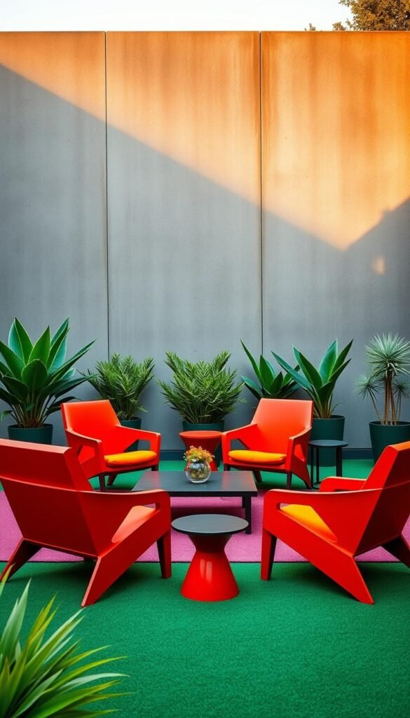 A vibrant outdoor setting with bold, saturated colors and modern furniture pieces. In the foreground, sleek and angular patio chairs in shades of fiery red and tangerine orange are arranged around a low, rectangular coffee table. The middle ground features lush, verdant potted plants and small side tables in deep emerald green. The background showcases a minimalist, monochromatic concrete wall bathed in warm, golden natural lighting, creating a striking contrast. The overall scene exudes a sense of contemporary elegance and visual impact, perfectly suited for a modern garden design feature.