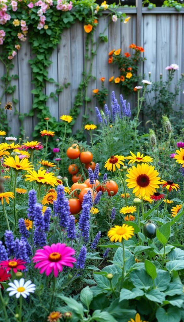 A vibrant, pollinator-friendly garden design in soft, natural light. In the foreground, a lush mix of colorful flowers, including cosmos, sunflowers, and lavender, arranged in a visually appealing layout. In the middle ground, a variety of vegetables, such as tomatoes, zucchini, and leafy greens, effortlessly integrated with the floral elements. The background features a wooden fence partially obscured by trailing vines and flowering shrubs, creating a sense of depth and enclosure. The overall composition exudes a harmonious, inviting atmosphere that would attract a diverse array of pollinators, including bees, butterflies, and hummingbirds, while also providing a bountiful harvest of fresh produce.