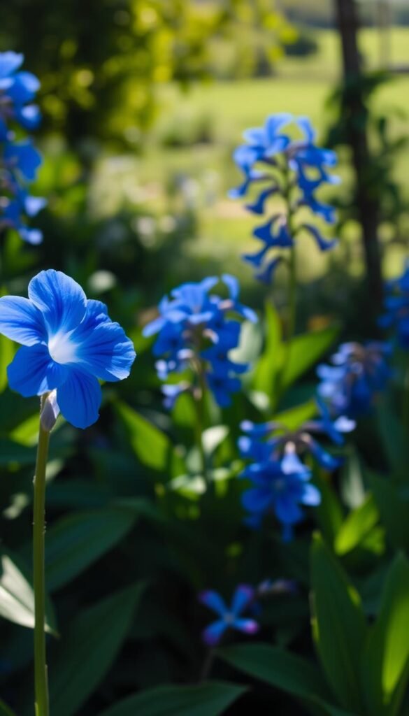 A vibrant, rare blue flower stands in the foreground, its petals a mesmerizing, almost ethereal hue. The bloom is captured in a soft, natural light, casting gentle shadows on the lush, verdant leaves surrounding it. In the middle ground, a cluster of similarly striking blue flowers sway gently in a light breeze, their unique color accentuated by the calm, contemplative atmosphere. The background is a serene, out-of-focus landscape, hinting at a tranquil garden setting, allowing the focus to remain solely on the captivating, uncommon beauty of these true blue blooms.