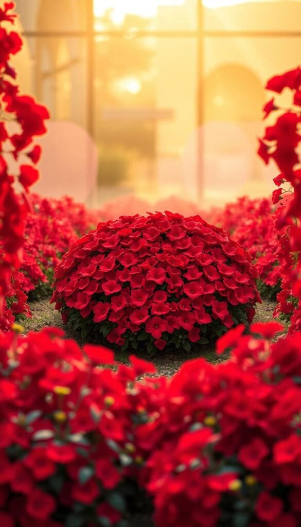 A vibrant red color wheel garden design, featuring a lush, harmonious arrangement of scarlet blooms. In the foreground, a central circular flowerbed showcases a spectrum of crimson hues, from deep burgundy to blazing vermilion, meticulously arranged in a symmetrical pattern. Surrounding this focal point, a softly blurred middle ground frames the design, with cascading red flowers spilling over the edges, creating a sense of depth and movement. The background features a warm, golden-hued lighting, casting a subtle glow over the scene and enhancing the intensity of the red tones. The overall atmosphere is one of striking visual impact, conveying the power and drama of a fiery, bold garden statement.