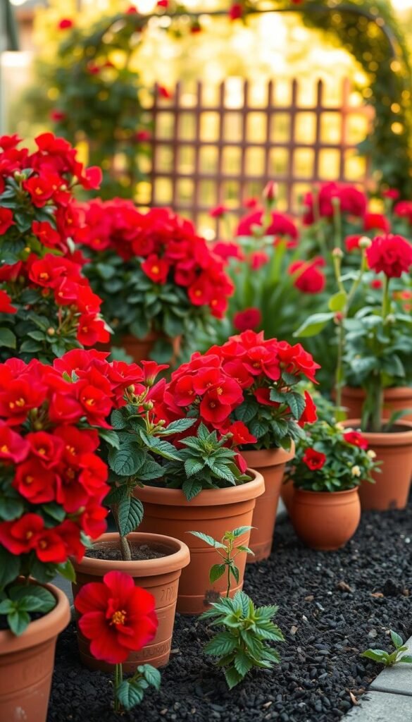 A vibrant red flower garden, with an array of lush, blooming containers taking center stage. The foreground features a carefully curated arrangement of terracotta pots and planters, overflowing with fiery red blooms - begonias, geraniums, and dahlias creating a bold, dramatic display. The middle ground showcases a well-manicured garden bed, the soil rich and dark, complementing the vivid hues of the flowers. In the background, a softly blurred fence or trellis sets the scene, hinting at a larger, harmonious garden space. The lighting is warm and golden, casting a mellow glow that enhances the garden's intimate, inviting atmosphere. Captured with a wide-angle lens to showcase the depth and scale of this captivating red flower garden.