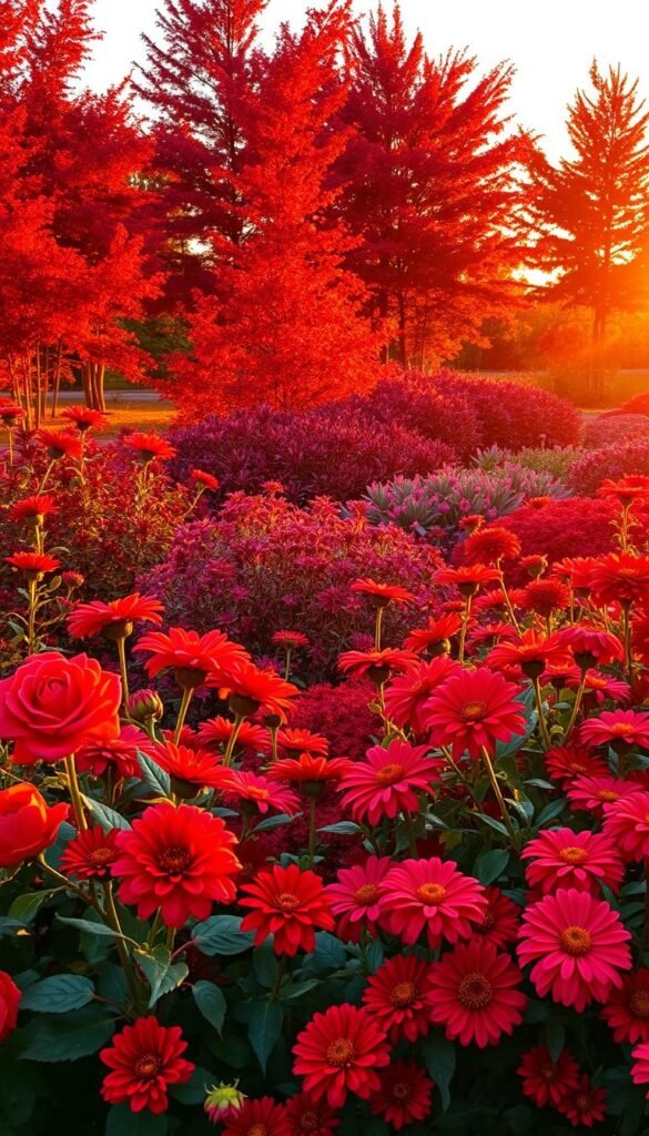 A vibrant red garden bursting with lush foliage and blooms. In the foreground, an array of crimson flowers - roses, dahlias, and scarlet zinnias - radiate warmth under a golden sunset glow. The middle ground features a mix of burgundy and vermilion perennials, their petals swaying gently in a soft breeze. In the background, a row of stately crimson maples casts a rich, dramatic backdrop, their leaves reflecting the fiery hues. The scene is bathed in a warm, romantic light, conveying a sense of passion and intensity. A wide-angle lens captures the full depth and grandeur of this captivating red garden oasis.