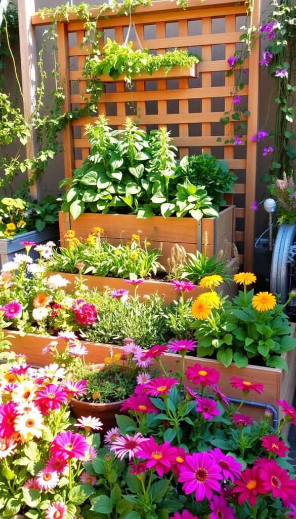 A vibrant, space-saving garden design featuring a lush, tiered arrangement of colorful flowers and greenery. The foreground showcases an assortment of blooming plants cascading from raised garden beds, their petals glistening under warm, natural sunlight. The middle ground features a compact, vertical gardening structure housing a variety of herbs and leafy vegetables, maximizing the limited outdoor space. In the background, a latticed trellis supports climbing vines and flowering vines, creating a sense of depth and a visually captivating backdrop. The overall scene evokes a serene, harmonious atmosphere, highlighting the potential for an aesthetically pleasing and efficient use of a small outdoor area.
