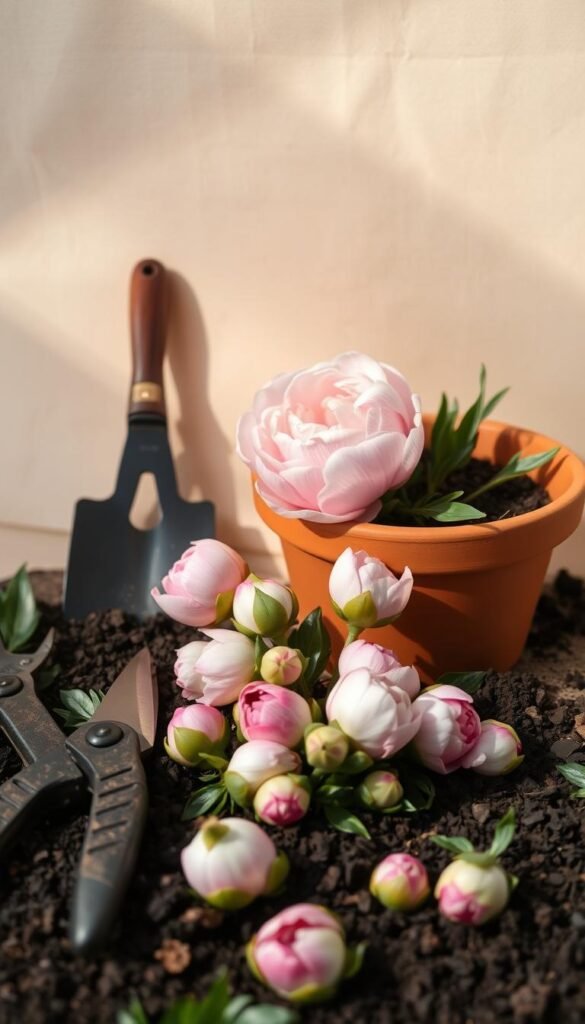 A vibrant still life composition showcasing the essential tools and materials for nurturing a thriving peony garden. In the foreground, an array of gardening implements - pruning shears, trowel, and hand cultivator - are neatly arranged against a soft, neutral backdrop. The middle ground features a terracotta pot filled with rich, dark soil, surrounded by a scattering of peony flower buds in various stages of bloom. Delicate petals in shades of pink and white evoke the natural beauty of the peony. Soft, natural lighting from an overhead source casts gentle shadows, lending a sense of depth and dimension to the scene. The overall mood is one of serene, contemplative gardening, inspiring the viewer to tenderly care for their own peony oasis.