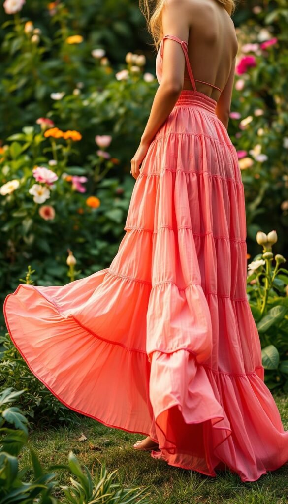 A vibrant tiered maxi skirt in a lush garden setting. The skirt's soft, flowy layers cascade gently in the light breeze, accentuating the model's graceful movements. The foreground showcases the intricate details of the fabric, with delicate embroidery and a subtle sheen. In the middle ground, the model stands amidst a verdant backdrop of flourishing plants and blooming flowers, creating a harmonious, nature-inspired tableau. Soft, diffused lighting casts a warm, golden glow, evoking a serene, romantic atmosphere. The overall composition emphasizes the skirt's fluid, feminine silhouette and its seamless integration with the natural setting, embodying the essence of the "Garden Girl Aesthetic."